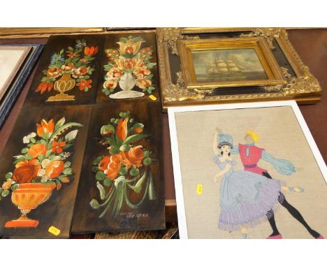 A set of four polychrome painted softwood panels, each 39 x 22cm; an embroidered felt panel; and a reproduction maritime oleo