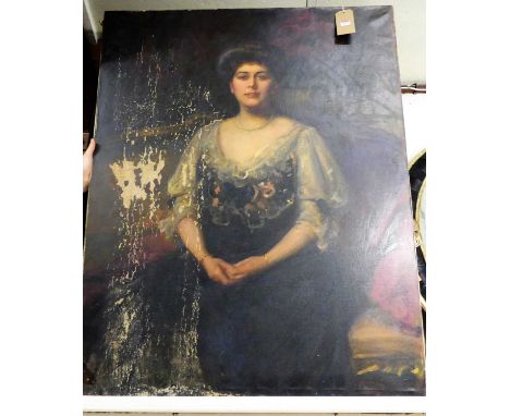 Early 20th century English school - three-quarter length portrait of a seated woman wearing a pearl necklace, oil on canvas (