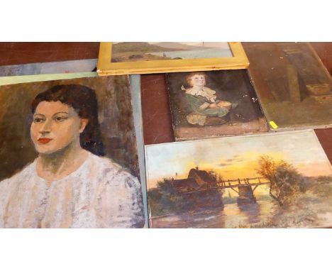 Assorted oil on canvas and oil on board, to include portrait study, landscapes etc (some a/f) (7)