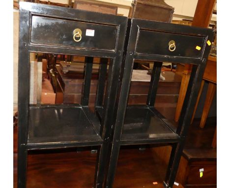 A pair of contemporary Oriental black painted square two-tier lamp tables, with single frieze drawer, w.39.5cm