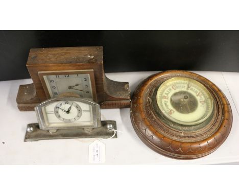 Art Deco style metal desk clock, oak cased mantel clock, oak cased barometer (3)
