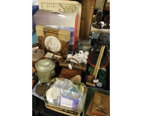 Works of art to include pre and post decimalisation price labels, playing card box, rulers, dominos housed in a Wills star ci