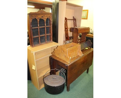 Furniture to include oak drop-leaf table, wall shelves, bookcases, book trough etc. (qty)