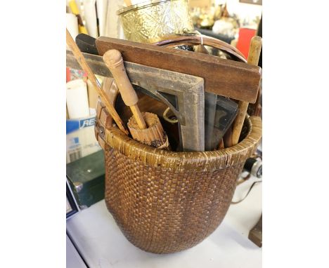 Woven effect basket, brass stick stand, three set squares, measuring stick, two boomerangs, pointer stick etc. (qty)