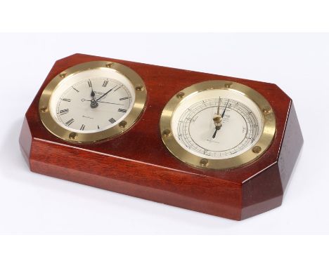 Wempe ships style wall clock and barometer, with circular brass bezels, housed in a shaped mahogany plinth mount, 20cm wide