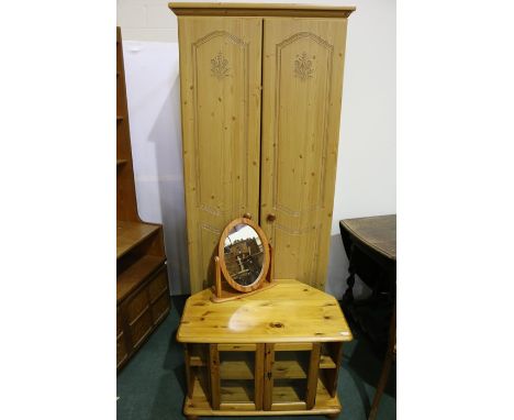 Light wood veneered two door wardrobe, matching dressing table with non-contemporary stool and mirror, pine television stand 