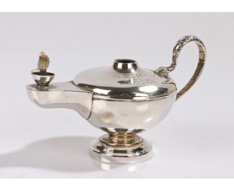 Edward VII silver lamp, London 1906, maker Goldsmiths and Silversmiths Company Ltd. with snake form handle and flame finial, 