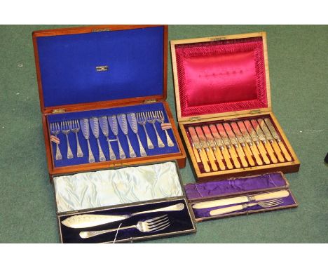 Plated ware to include set of twelve Walker and Hall fish knives and forks, similar set of servers, set of twelve fruit knive