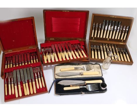 Cased sets, to include two sets of fish knives and forks, fruit knives and forks, fish servers, loose fish servers, Egyptian 