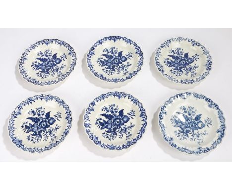 George III Worcester set of five porcelain dishes, circa 1770-1785, transfer decorated Pine Cone Group pattern, with crescent