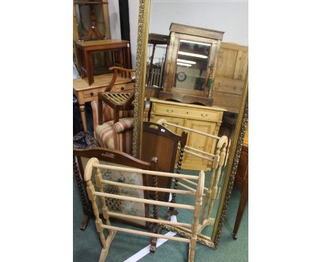 Gilt framed bevelled wall mirror, light wood towel rail, firescreen with woolwork panel (3)