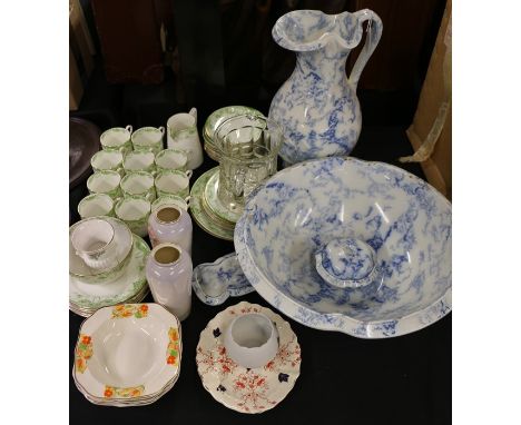 Copeland late Spode wash set comprising jug, bowl, two covered dishes, green transfer decorated part tea service, glass jug e