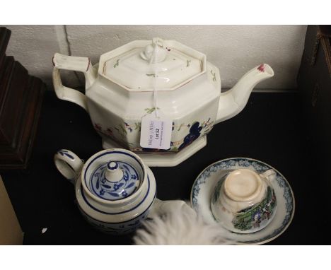 19th Century pottery teapot, with a swan to the handle above a fence and flower decorated body, together with a bachelors tea