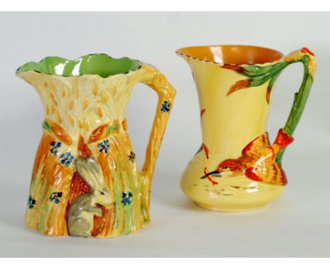 TWO BURLEIGH WARE POTTERY JUGS, one embossed with a kingfisher, the other with hares amongst hay, 7" (17.8cm) high (2)