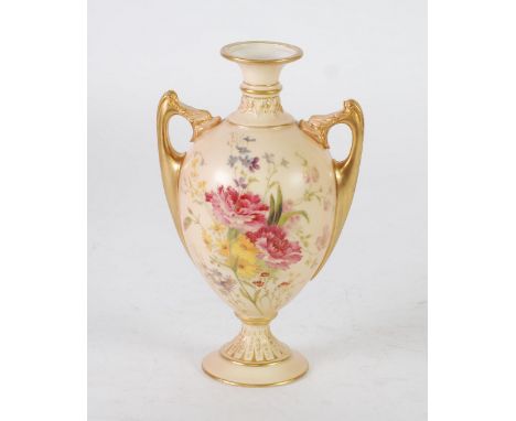 LATE NINETEENTH CENTURY ROYAL WORCESTER BLUSH PORCELAIN TWO HANDLED PEDESTAL VASE, of short waisted  neck, angular gilt scrol
