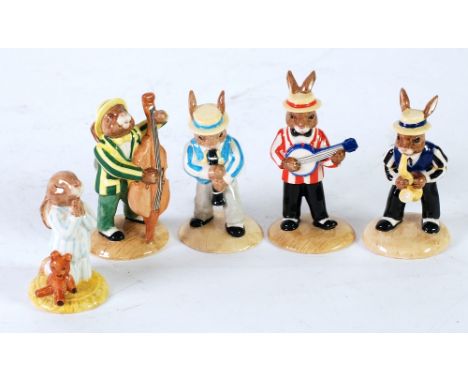 FIVE BOXED ROYAL DOULTON BUNNYKINS FIGURES 'Bedtime' (DB55), 'Saxophone Player' (DB186), 'Banjo Player' (DB182), 'Clarinet Pl