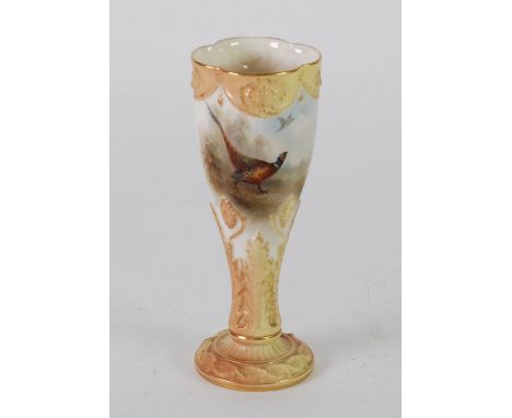 AN EARLY TWENTIETH CENTURY ROYAL WORCESTER PORCELAIN VASE, painted with pheasants by James Stinton, date code for 1904, model