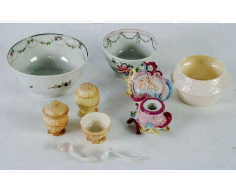 THREE PIECE LATE VICTORIAN ROYAL WORCESTER BLUSH CHINA CONDIMENT SET, of pedestal form with gilt lined wrythen moulded bodies