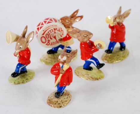 FIVE ROYAL DOULTON BUNNYKINS 'OOMPAH BAND' FIGURES, 'Drummer' (B26), 'Drum Major' (DB27), 'Trumpeter' (DB24), 'Sousaphone' (D