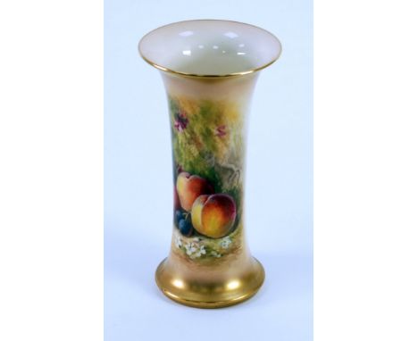 AN EARLY TWENTIETH CENTURY ROYAL WORCESTER PORCELAIN WAISTED CYLINDRICAL VASE, painted by Ricketts with fruit in a natural se