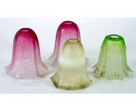 PAIR OF EARLY TWENTIETH CENTURY BELL FLOWER SHAPED GLASS LIGHT SHADES, shaded pin with acid etched floral decoration, 6" (15.