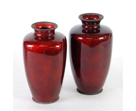 NEAR PAIR OF EARLY 20th  CENTURY JAPANESE WIRELESS RED CLOISONNE VASES, each worked in translucent red enamel respectively wi