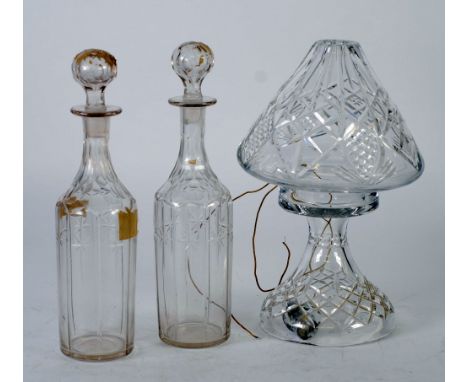 CUT GLASS TABLE LAMP  of waisted form, with inverted conical shade  having sliced and strawberry diamond cut decoration, and 