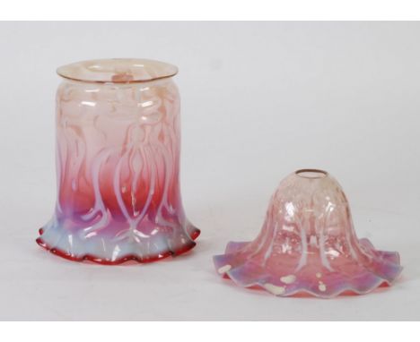 GOOD ART NOUVEAU PERIOD STUDIO GLASS LAMP SHADE, cylindrical with red frilled rim shading to vaseline colour and with pale wh
