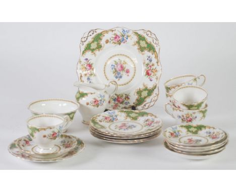 TUSCAN BONE CHINA, "WINDSOR" PATTERN PART TEA SERVICE, floral decorated, comprising; 4 teacups, 6 saucers, 6 side plates, san