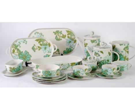 SIXTY TWO PIECE VILLEROY AND BOCH 'SCARLETT'  PATTERN PORCELAIN PART DINNER, TEA AND COFFEE SET, printed in bright tones of b