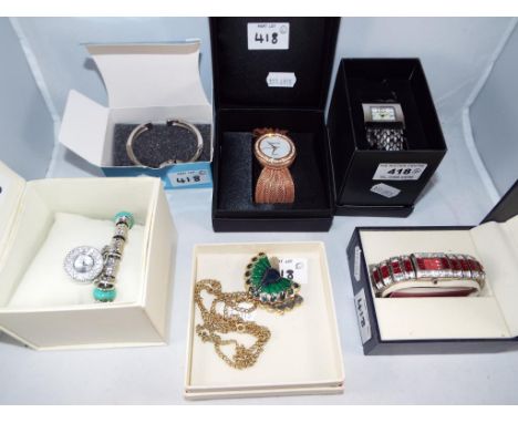 Five Lady's fashion evening watches to include Unique Time, Philip Mercier, Bangle Torque style watch bracelet, a charm style
