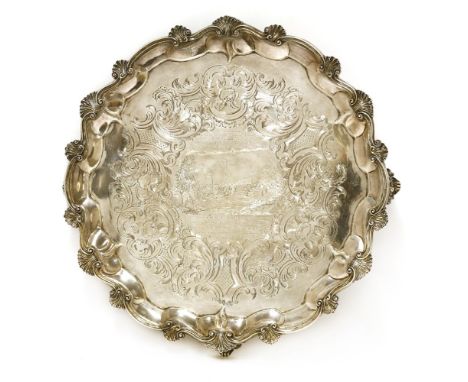 A Victorian silver salver of agricultural interest,by Daniel and Charles Houle, London 1857,of shaped circular form with 'C' 