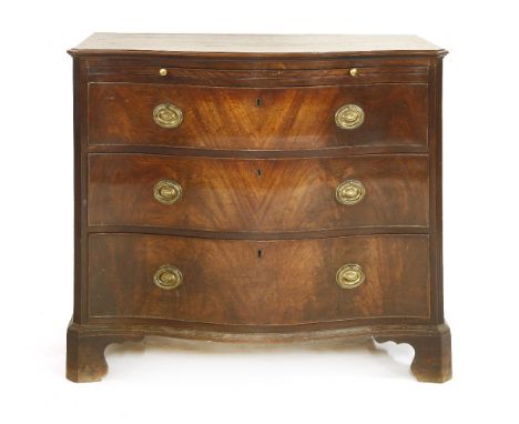 A George lll mahogany serpentine commode chest, with three long drawers, brass swan neck handles and bracket feet,96cm wide56