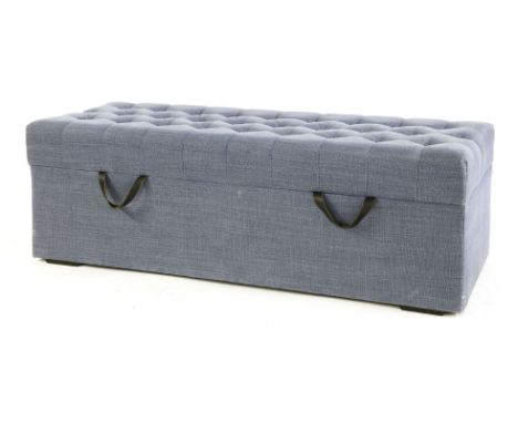 A large ottoman chest,with blue linen and button upholstery,150cm wide60cm deep55cm high