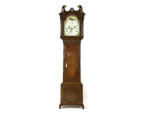 A George III inlaid mahogany eight-day longcase clock,the painted arch dial having ship and exotic bird decoration, with subs