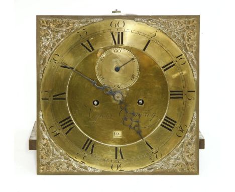 A oak and mahogany crossbanded longcase clock,19th century, the 12 inch square brass dial with subsidiary seconds and date di