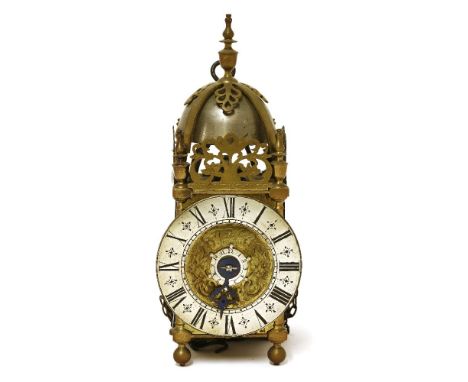 A small brass lantern clock,17th century, by William Parslow, Stonehouse, with an outside count wheel, striking on a bell and