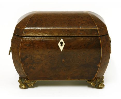 A George III burr walnut tea caddy,of bombé octagonal form with boxwood stringing, the lid lifting to reveal two compartments