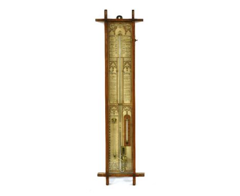 An Admiral Fitzroy barometer,in a pitch pine case with a printed card inset back and Mathieson Leith spirit thermometer,38cm 