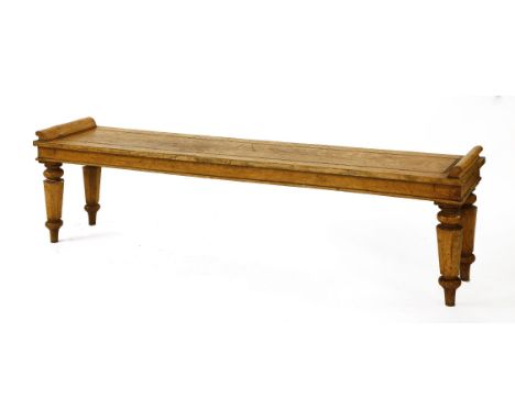 A Victorian light oak bench seat, on turned and faceted legs,184cm wide38cm deep50cm high