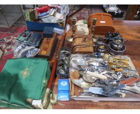 VARIOUS SILVER PLATEDWARE, FLATWARE, BRASS CANDLESTICKS, BINOCULARS, WALKING STICK AND OTHER SUNDRIES  