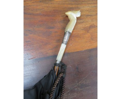 DECORATIVE VICTORIAN SILVER AND MOTHER OF PEARL COCKEREL FORM HANDLED PARASOL, FOR RESTORATION