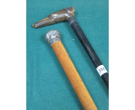 SILVER MOUNTED AND HORN DOGS HEAD HANDLED WALKING STICK PLUS ANOTHER WALKING STICK 