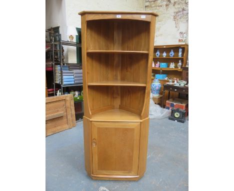 ERCOL GOLDEN DAWN OPEN CORNER CABINET WITH SINGLE DOOR BELOW 