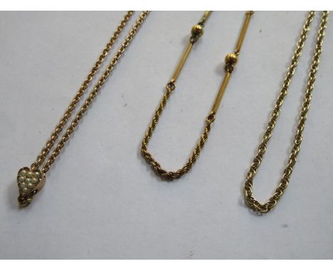 GOLD COLOURED CHAIN WITH PEARL SET HEART FORM PENDANT, ALSO TWO OTHER GOLD COLOURED CHAINS 