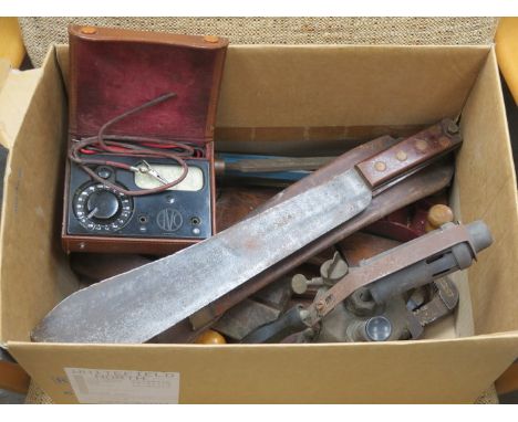 SMALL PARCEL OF VINTAGE WOODWORKING TOOLS, BLOW TORCH, CASED AVO MULTIMINOR AND WORLD WAR II KNIFE WITH SCABBARD 