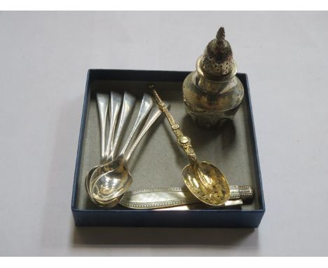 SET OF SIX SILVER SPOONS, PEPPERETTE, MOTHER OF PEARL FRUIT KNIFE AND SMALL GILT ANOINTING SPOON