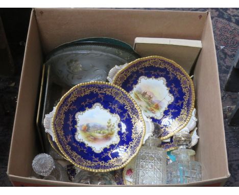 MIXED LOT INCLUDING GILDED COALPORT TAZZAS (AT FAULT), GILDED COALPORT PLATES (AT FAULT) PLUS GLASSWARE INCLUDING DECORATIVE 
