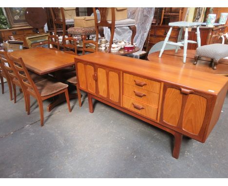 G PLAN DINING SUITE COMPRISING REFECTORY STYLE TABLE, SIX LADDER BACK CHAIRS AND LONG JOHN SIDEBOARD 