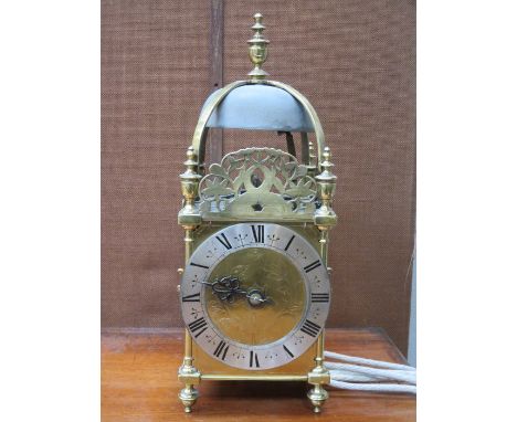 ANTIQUE BRASS LANTERN CLOCK WITH PENDULUM AND WEIGHTS 